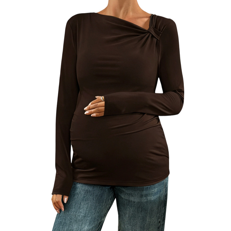 Top maternitate cu umeri înclinați, mâneci lungi, tricot poliester 90–95%, spandex <30%, lungime 80–100 cm