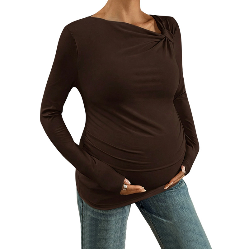 Top maternitate cu umeri înclinați, mâneci lungi, tricot poliester 90–95%, spandex <30%, lungime 80–100 cm