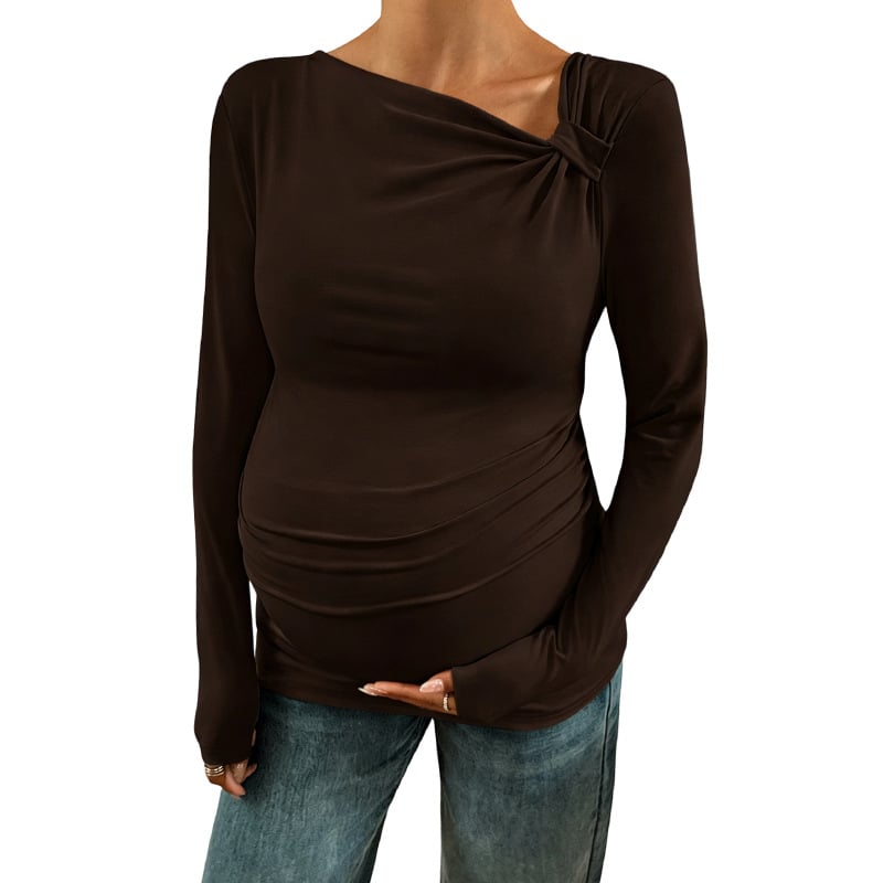 Top maternitate cu umeri înclinați, mâneci lungi, tricot poliester 90–95%, spandex <30%, lungime 80–100 cm