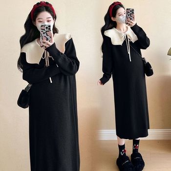 Set rochie maternitate — croială lejeră, mâneci lungi, guler tip frunză de lotus, poliester 70–80%, stil retro literar