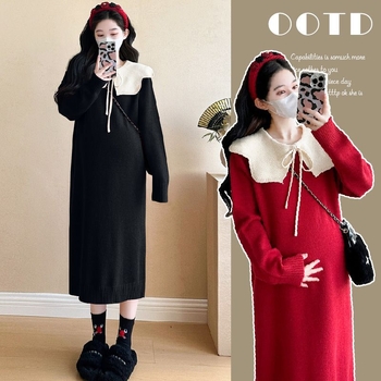 Set rochie maternitate — croială lejeră, mâneci lungi, guler tip frunză de lotus, poliester 70–80%, stil retro literar