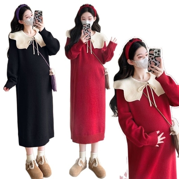 Set rochie maternitate — croială lejeră, mâneci lungi, guler tip frunză de lotus, poliester 70–80%, stil retro literar