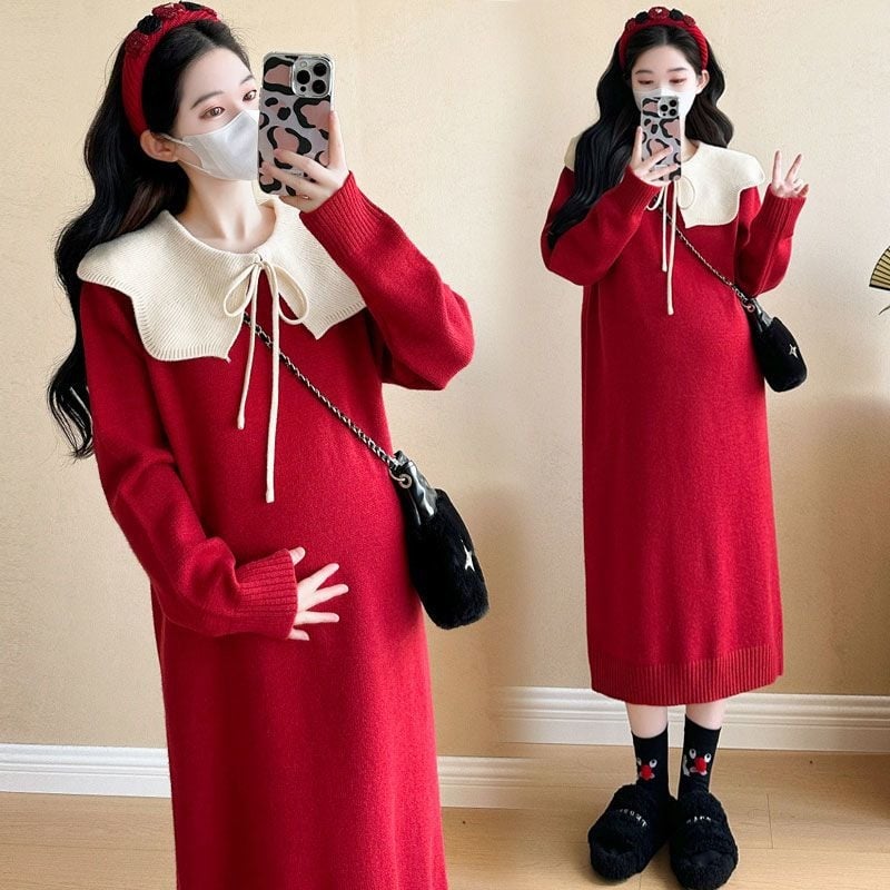 Set rochie maternitate — croială lejeră, mâneci lungi, guler tip frunză de lotus, poliester 70–80%, stil retro literar