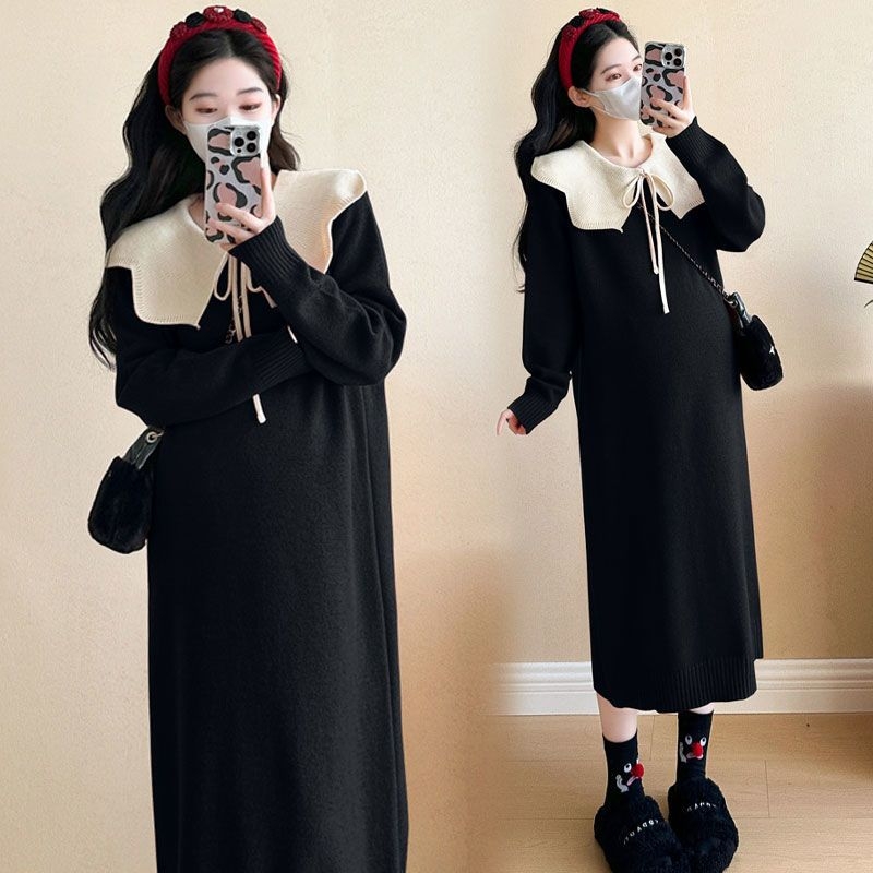 Set rochie maternitate — croială lejeră, mâneci lungi, guler tip frunză de lotus, poliester 70–80%, stil retro literar