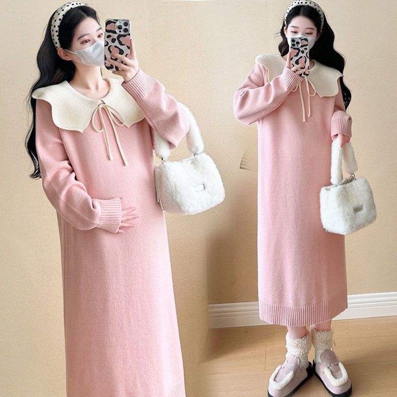 Set rochie maternitate — croială lejeră, mâneci lungi, guler tip frunză de lotus, poliester 70–80%, stil retro literar