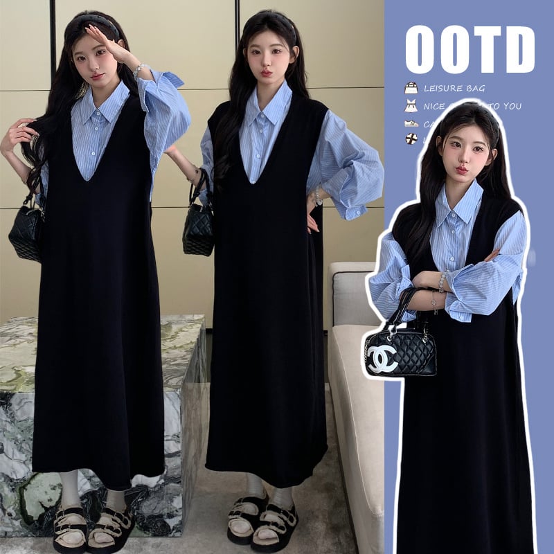 Maternint set od dva komada: bluza i pletena haljina, duga haljina, otvor za dojenje, jednofarbni uzorak, akrilna tkanina s elastanom <30%