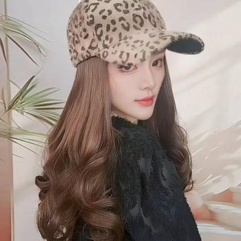 Perika s leopard printom, kapu u obliku klobuka, s odvojivim ravnim kosom, za žene, duga kovrčava perika cijele glave, vlakna otporna na visoku temperaturu