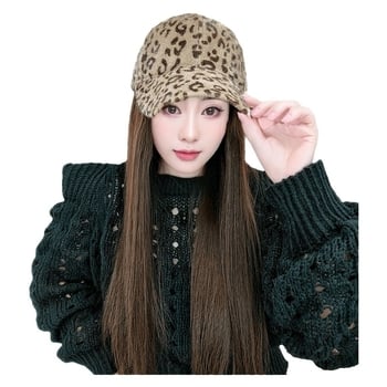 Perika s leopard printom, kapu u obliku klobuka, s odvojivim ravnim kosom, za žene, duga kovrčava perika cijele glave, vlakna otporna na visoku temperaturu