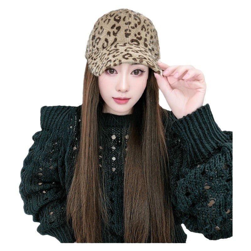Perika s leopard printom, kapu u obliku klobuka, s odvojivim ravnim kosom, za žene, duga kovrčava perika cijele glave, vlakna otporna na visoku temperaturu
