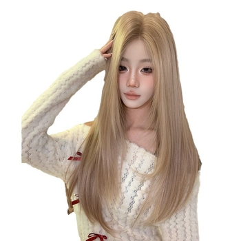 Korejskog stila perika s čipkastim prednjim dijelom, duga ravna kosa, dijagonalne šiške, prirodan izgled, vlakna otporna na toplinu