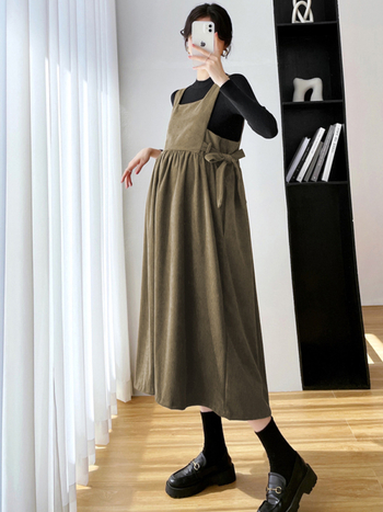 Set haljina za trudnice od korduroja, midi haljina s dugim rukavima, japansko-korejski casual stil, mješavina pamuka i elastana