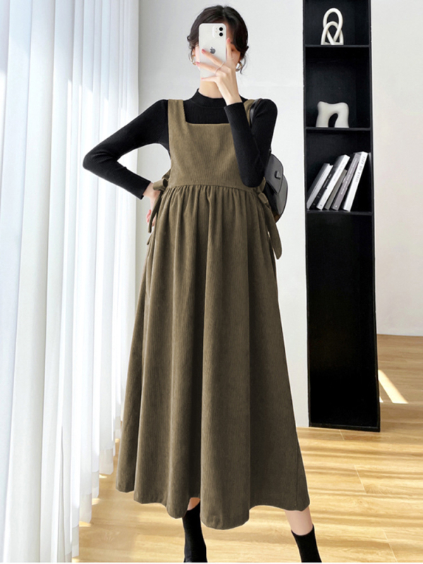 Set haljina za trudnice od korduroja, midi haljina s dugim rukavima, japansko-korejski casual stil, mješavina pamuka i elastana