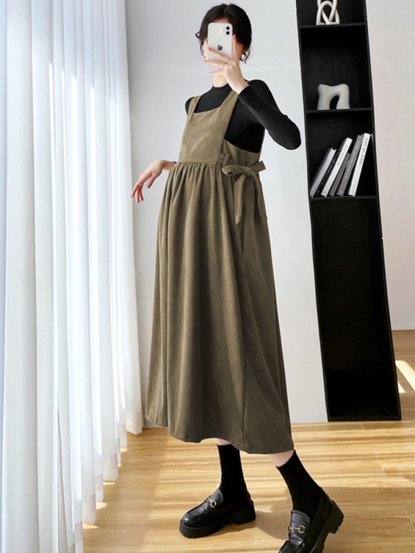 Set haljina za trudnice od korduroja, midi haljina s dugim rukavima, japansko-korejski casual stil, mješavina pamuka i elastana