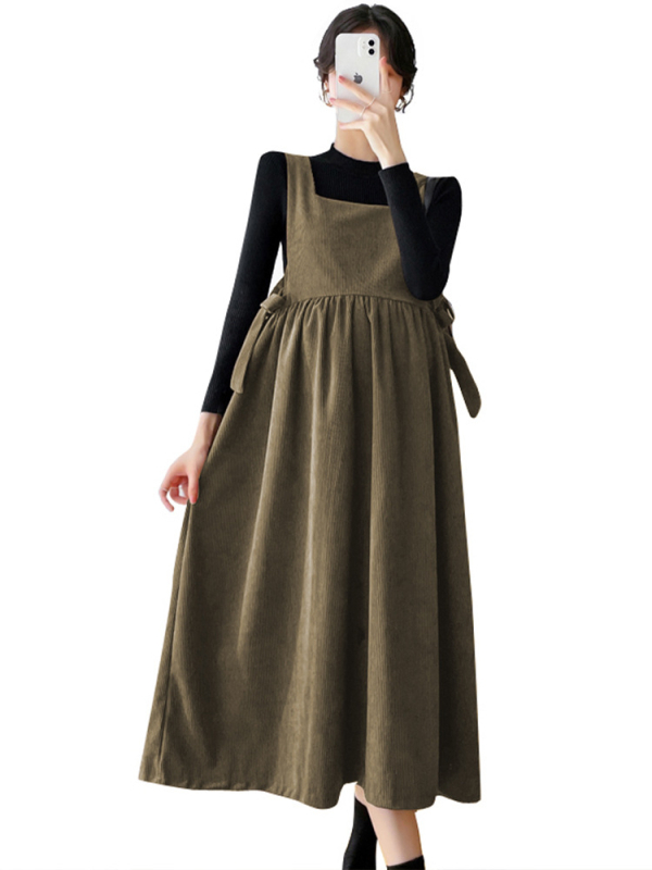 Set haljina za trudnice od korduroja, midi haljina s dugim rukavima, japansko-korejski casual stil, mješavina pamuka i elastana