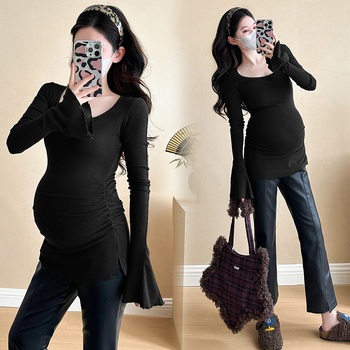 Τοπ εγκυμοσύνης σε κορεατικό στυλ, βαμβακερό, στενή γραμμή, τετράγωνη λαιμόκοψη, μακριά καμπάνες μανίκια