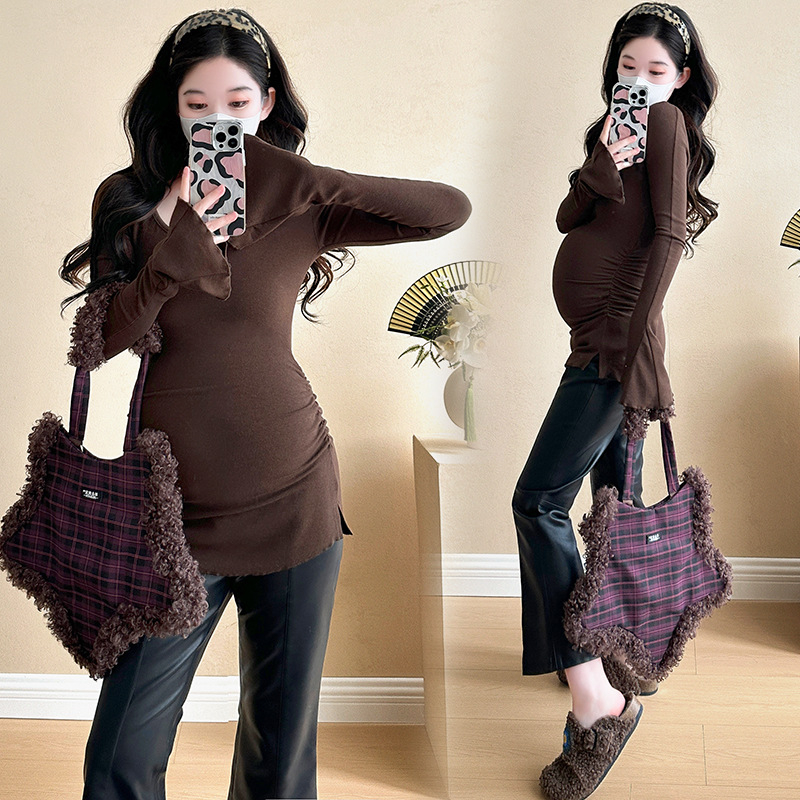 Τοπ εγκυμοσύνης σε κορεατικό στυλ, βαμβακερό, στενή γραμμή, τετράγωνη λαιμόκοψη, μακριά καμπάνες μανίκια