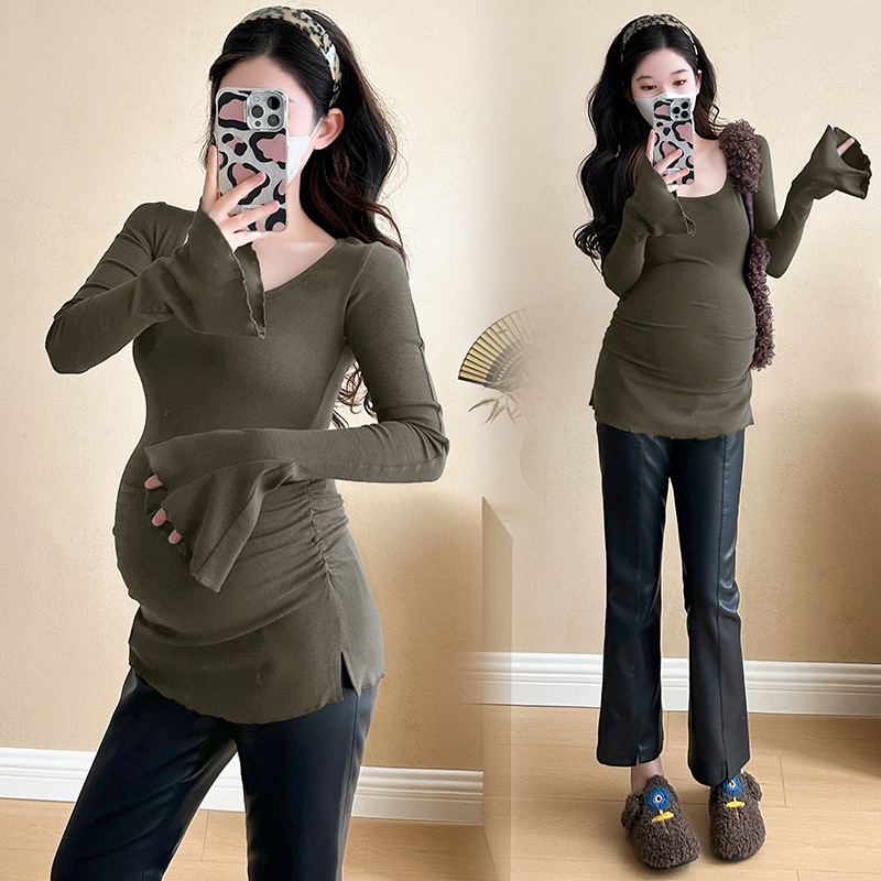 Τοπ εγκυμοσύνης σε κορεατικό στυλ, βαμβακερό, στενή γραμμή, τετράγωνη λαιμόκοψη, μακριά καμπάνες μανίκια