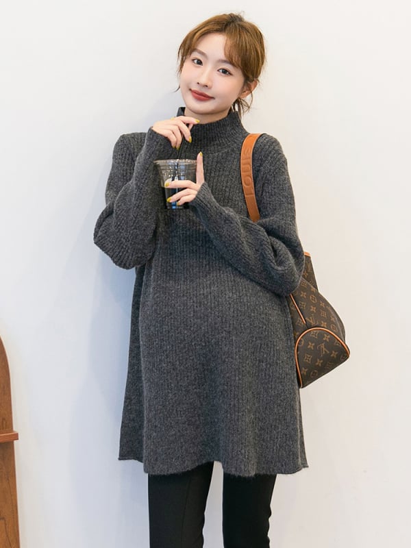 Pulover de maternitate tricotat, stil korean casual, guler înalt, lungime 80–100 cm, acrilic 70–80%