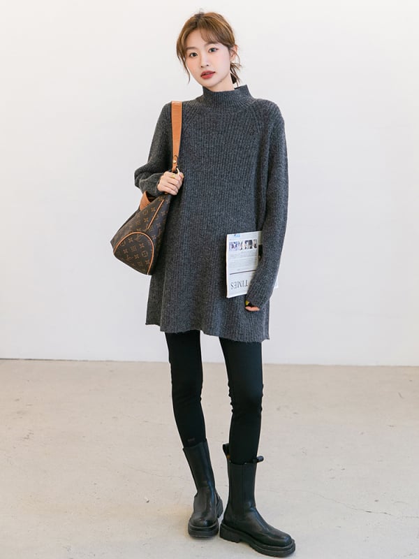 Pulover de maternitate tricotat, stil korean casual, guler înalt, lungime 80–100 cm, acrilic 70–80%