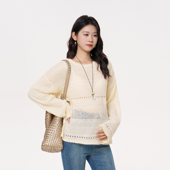 Γυναικείος πλεκτός για εγκύους με διάτρητο σχέδιο, χαλαρή γραμμή, ραγκλάν μανίκια, στρογγυλή λαιμόκοψη, μεσαίο μήκος 65-80 cm