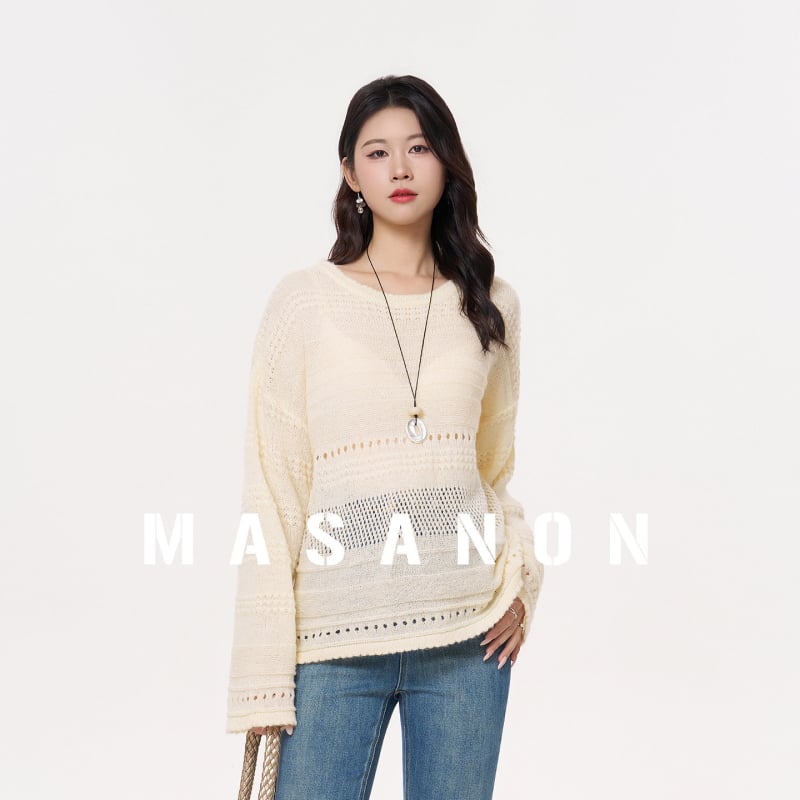 Γυναικείος πλεκτός για εγκύους με διάτρητο σχέδιο, χαλαρή γραμμή, ραγκλάν μανίκια, στρογγυλή λαιμόκοψη, μεσαίο μήκος 65-80 cm