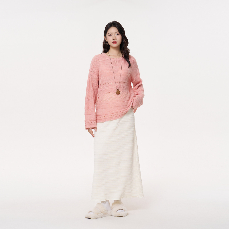 Γυναικείος πλεκτός για εγκύους με διάτρητο σχέδιο, χαλαρή γραμμή, ραγκλάν μανίκια, στρογγυλή λαιμόκοψη, μεσαίο μήκος 65-80 cm