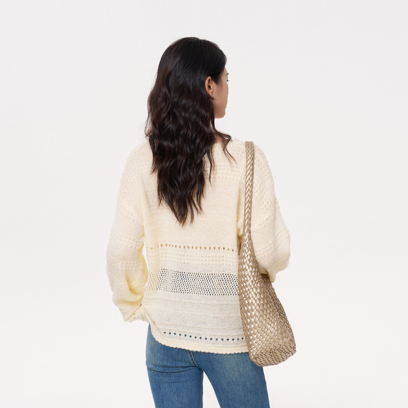 Γυναικείος πλεκτός για εγκύους με διάτρητο σχέδιο, χαλαρή γραμμή, ραγκλάν μανίκια, στρογγυλή λαιμόκοψη, μεσαίο μήκος 65-80 cm