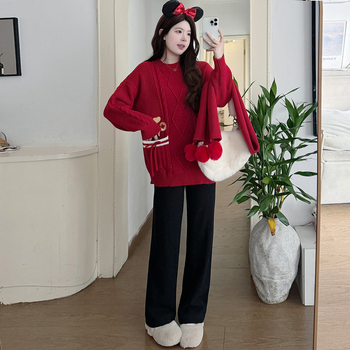 Trudnički pleteni set: džemper s otvorom za dojenje, hlače s vezivanjem i šal, Air Cotton tkanina, zima 2025