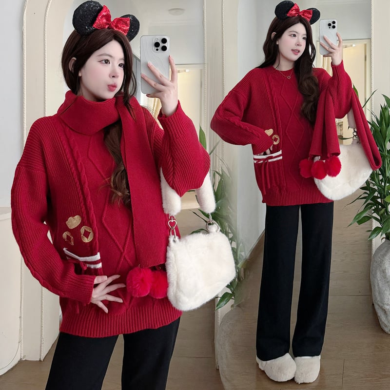 Trudnički pleteni set: džemper s otvorom za dojenje, hlače s vezivanjem i šal, Air Cotton tkanina, zima 2025