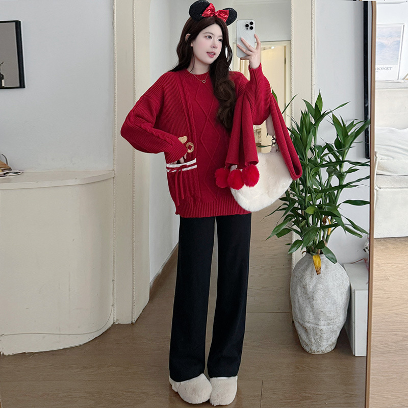 Trudnički pleteni set: džemper s otvorom za dojenje, hlače s vezivanjem i šal, Air Cotton tkanina, zima 2025