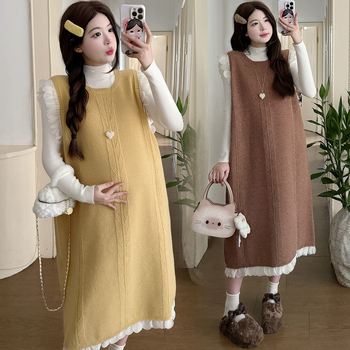 Set za trudnoću u dva dijela: top i pleteni haljina, Air Cotton materijal, dugi rukavi, horn rukav, japansko-korejski casual stil, bez otvora za dojenje, 2025 jesen/zima