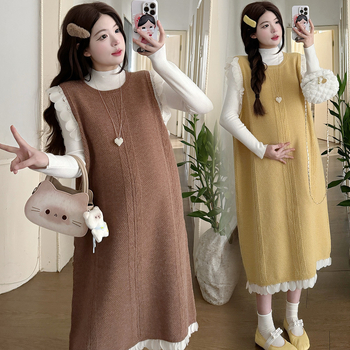 Set za trudnoću u dva dijela: top i pleteni haljina, Air Cotton materijal, dugi rukavi, horn rukav, japansko-korejski casual stil, bez otvora za dojenje, 2025 jesen/zima