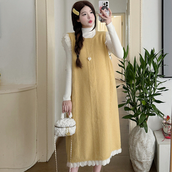 Set za trudnoću u dva dijela: top i pleteni haljina, Air Cotton materijal, dugi rukavi, horn rukav, japansko-korejski casual stil, bez otvora za dojenje, 2025 jesen/zima