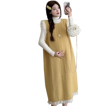 Set za trudnoću u dva dijela: top i pleteni haljina, Air Cotton materijal, dugi rukavi, horn rukav, japansko-korejski casual stil, bez otvora za dojenje, 2025 jesen/zima