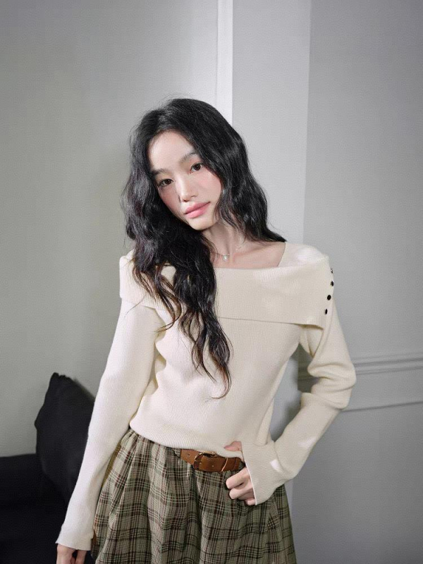 Πλεκτό τοπ με μακριά μανίκια (7/8 μανίκι, κινεζικό στυλ, λογοτεχνικό ρετρό, περιεκτικότητα υφάσματος ≤30%)