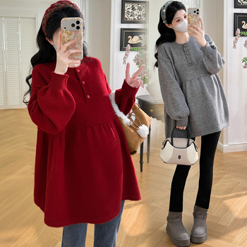 Πλεκτό τοπ εγκυμοσύνης, φαρδιά γραμμή, μεσαίο μήκος, Κορεατικό στυλ, Μακριά μανίκια