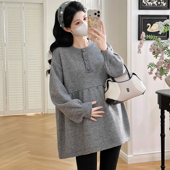 Πλεκτό τοπ εγκυμοσύνης, φαρδιά γραμμή, μεσαίο μήκος, Κορεατικό στυλ, Μακριά μανίκια