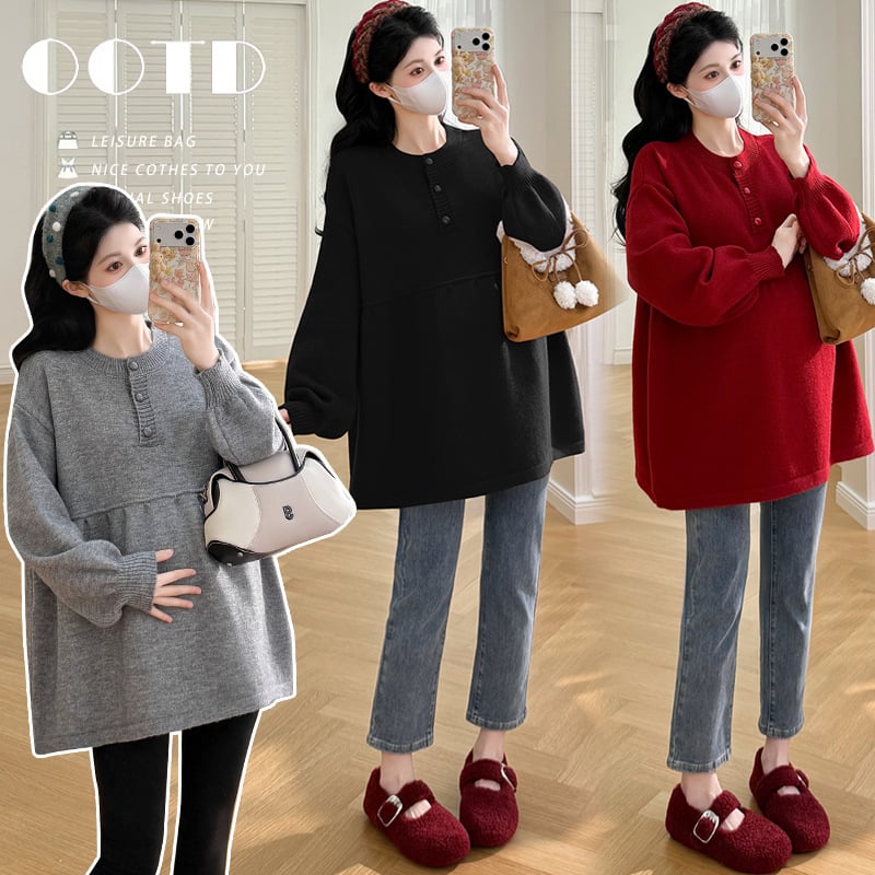 Πλεκτό τοπ εγκυμοσύνης, φαρδιά γραμμή, μεσαίο μήκος, Κορεατικό στυλ, Μακριά μανίκια