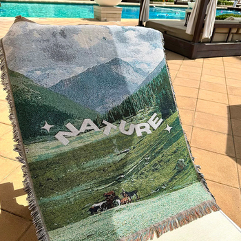 Cuvertură țesută la comandă, din poliester-cotton, imprimeu peisaj, stil modern minimalist, greutate 1000–1499 g