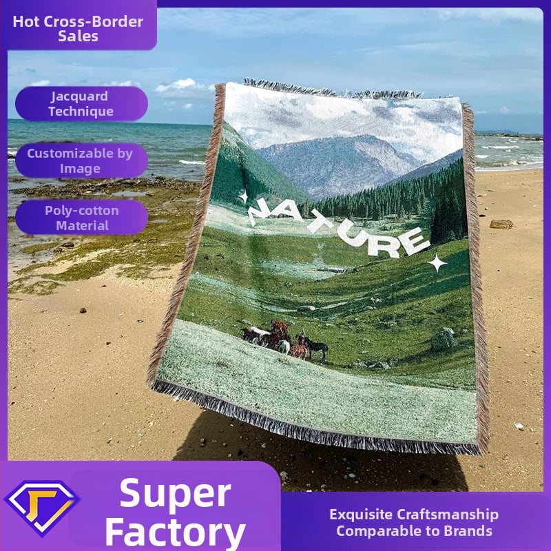 Cuvertură țesută la comandă, din poliester-cotton, imprimeu peisaj, stil modern minimalist, greutate 1000–1499 g