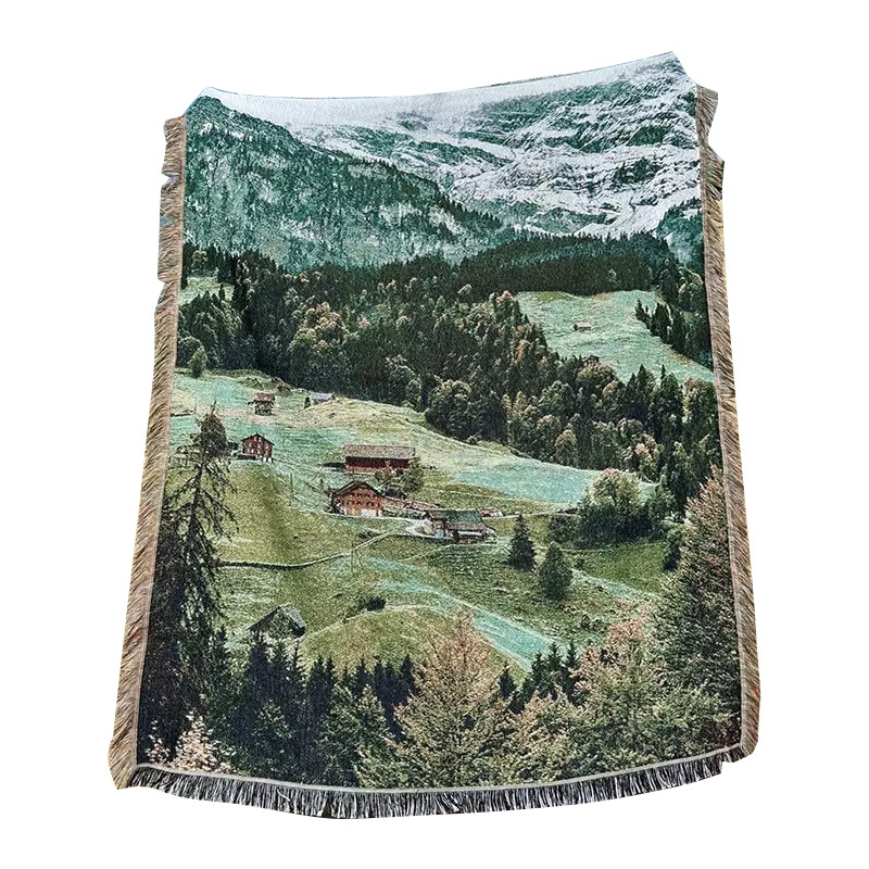 Cuvertură țesută la comandă, din poliester-cotton, imprimeu peisaj, stil modern minimalist, greutate 1000–1499 g