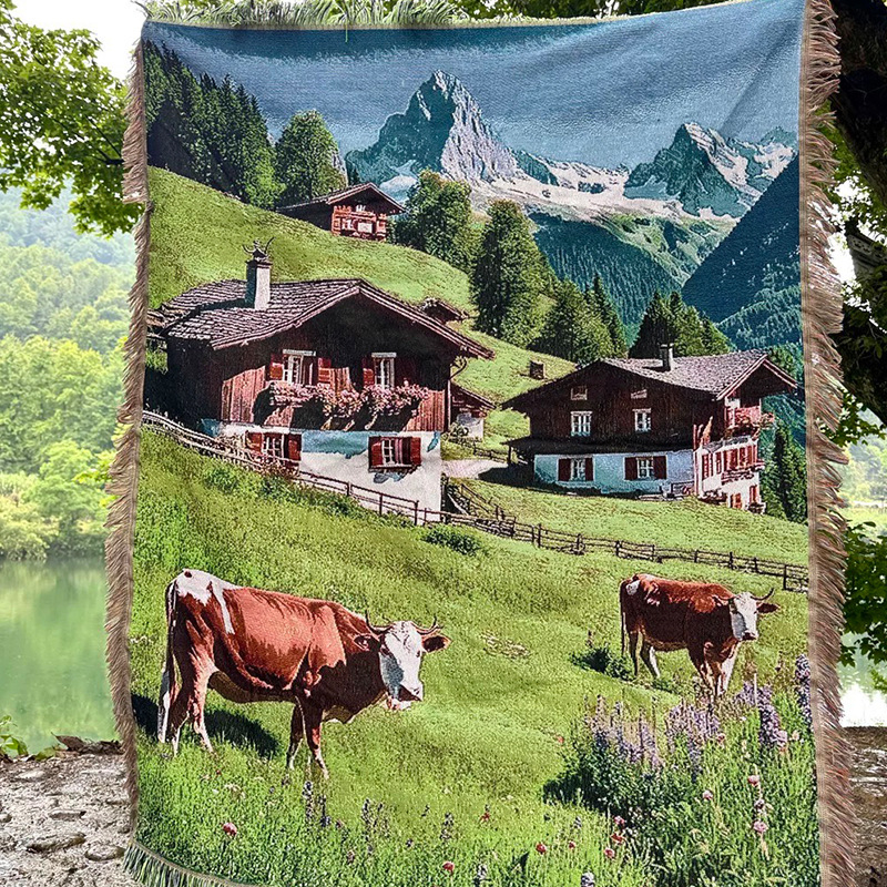 Cuvertură țesută la comandă, din poliester-cotton, imprimeu peisaj, stil modern minimalist, greutate 1000–1499 g