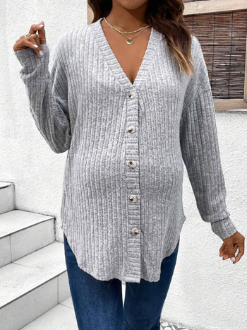Μπλούζα εγκύου με μακριά μανίκια και ζακέτα με κουμπιά μπροστά, V-λαιμό, ριγέ σχέδιο, ελεύθερη γραμμή