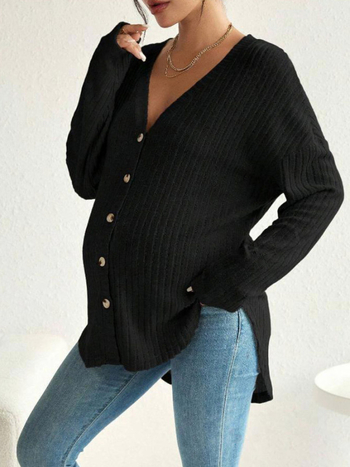 Μπλούζα εγκύου με μακριά μανίκια και ζακέτα με κουμπιά μπροστά, V-λαιμό, ριγέ σχέδιο, ελεύθερη γραμμή