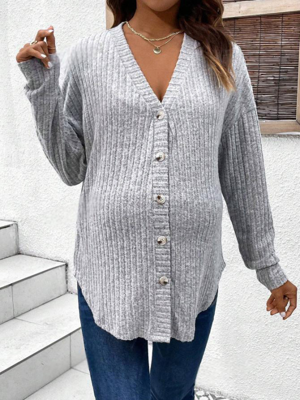 Μπλούζα εγκύου με μακριά μανίκια και ζακέτα με κουμπιά μπροστά, V-λαιμό, ριγέ σχέδιο, ελεύθερη γραμμή