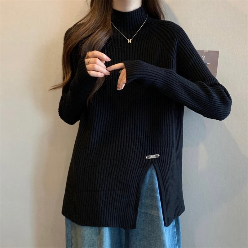 Top tricotat pentru maternitate cu guler semi-înalt, croială lejeră, mâneci lungi, acrilic 70–80%