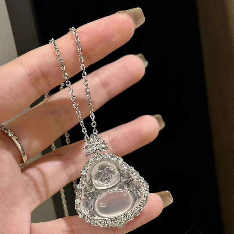 Náhrdelník z achátu s Maitreja Budhom so smiechom, elektroplátované, retro štýl, jar 2024, značka 0.1B Jia