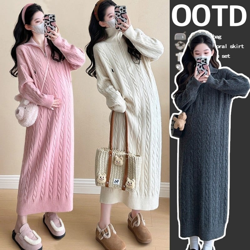 Trudničke kratke haljine s ribljim repom, krzneni ovratnik, rukavi rogovog tipa, pamukova mješavina, jesen 2025