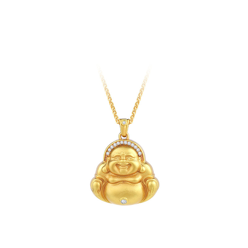 Colier din alamă placat cu aur, pandantiv cu Buddha Maitreya, pe lanț de tip Chopard, tehnică veche, lungime 41-50 cm