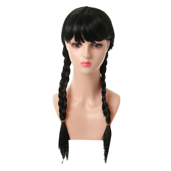 Perika s dvostrukom repom i šiškama za cosplay Wednesday Addams – ručno tkana, model S-01, kosa K Silk / P Silk